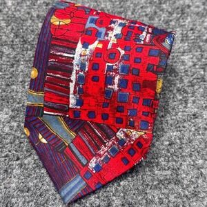 Structure Abstract Geometric Tie Mens OS Red Blue Cotton Italy Art Deco Retro